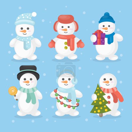 Téléchargez les illustrations : Des bonhommes de neige drôles. Bonhommes de neige dans différentes tenues comme chapeau et écharpe avec arbre de Noël
. - en licence libre de droit
