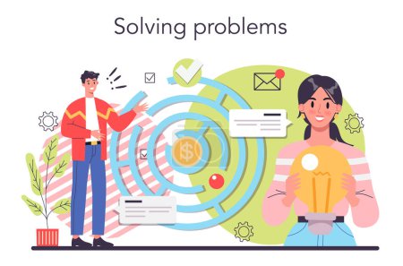 Solution concept illustration. Solving the problem and finding creative solution. Business people meeting the challenge in a teamwork. Flat vector illustration