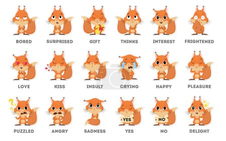Téléchargez les illustrations : Sticker emoji écureuil sur fond blanc. Toutes sortes d'émoticônes aussi tristes, perplexes et heureux
. - en licence libre de droit