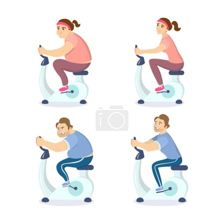 Illustration for Before and after exercising on the gym bicycle. Man and woman loose weights. - Royalty Free Image