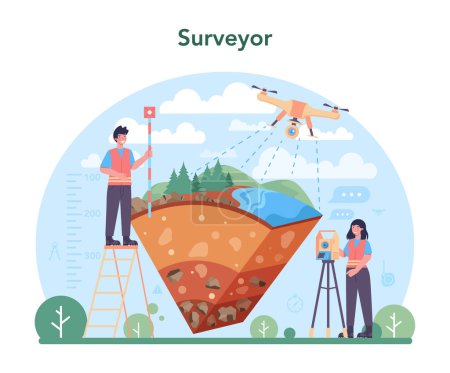 Illustration for Surveyor concept. Land surveying technology, geodesy science. Engineering and topography equipment. People with compass, map and topographic equipment. Vector flat illustration - Royalty Free Image