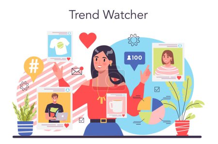 Illustration for Trend watcher concept. Specialist in tracking the emergence of new business trends. Trend analysis and project promotion. Vector illustration in flat style - Royalty Free Image