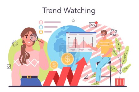 Illustration for Trend watcher concept. Specialist in tracking the emergence of new business trends. Trend analysis and project promotion. Vector illustration in flat style - Royalty Free Image
