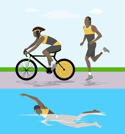 Photo pour Illustration de course de triathlon. L'homme nage, chevauche et court
. - image libre de droit