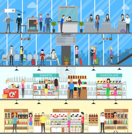 Illustration for Airport Duty Free. Set of airport shop and luggae check illustrations. - Royalty Free Image