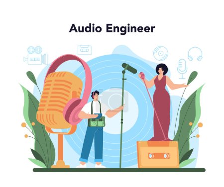 Illustration for Audio engineer concept. Music production industry, sound recording with a studio equipment. Soundtrack or audio media creator. Vector flat illustration - Royalty Free Image