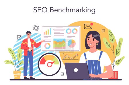 Illustration for SEO benchmarking concept. Idea of business development and improvement. Compare quality with competitor companies. Isolated flat vector illustration - Royalty Free Image