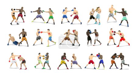 Illustration for Boxing pairs set. Set of boxers in outfit with gloves in sport poses on white background. - Royalty Free Image