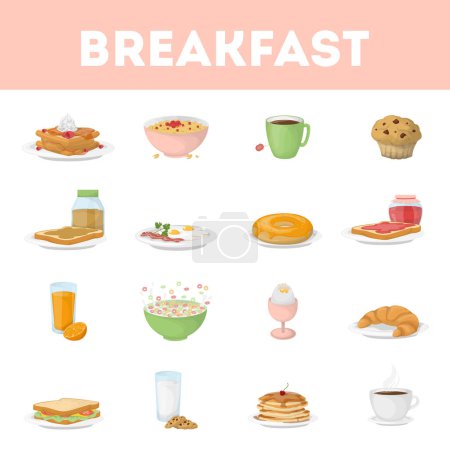 Illustration for Isolated breakfast set on white background. All kinds f breakfast meals as oatmeal, juice, eggs and more. - Royalty Free Image
