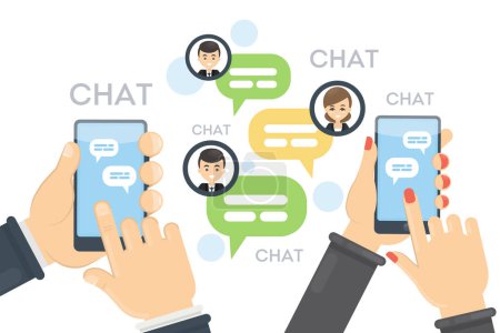 Ilustración de Chatting with smartphone. Man and woman with devices communicate online. - Imagen libre de derechos