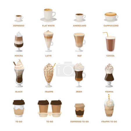 Téléchargez les illustrations : Menu café sur fond blanc. Tous les types de boissons au café comme latte, raf et plus
. - en licence libre de droit