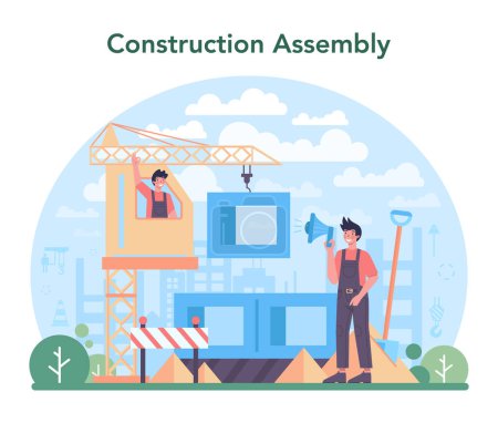 Illustration for Crane operator concept. Industrial builder at the construction site. Professional installer constructing home with a lifting crane. City development. Isolated flat vector illustration - Royalty Free Image