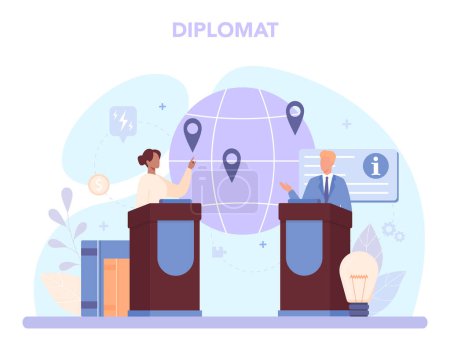 Diplomat profession. Idea of international relations and government. Country worldwide representation. Negotiation process, diplomatic event. Isolated vector illustration