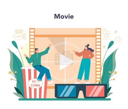 Movie director concept. Film director leading a filming process. Clapper and camera, professional multimedia equipment. Idea of creative people and profession. Flat vector illustration