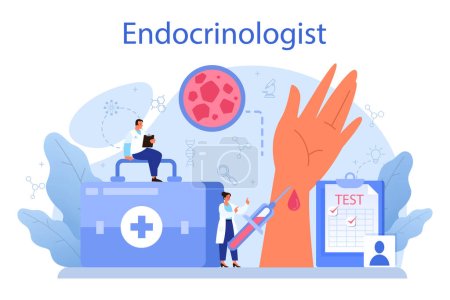 Illustration for Endocrinologist concept. Thyroid examination. Doctor examine hormone and glucose. Idea of health and medical treatment. Isolated flat vector illustration - Royalty Free Image