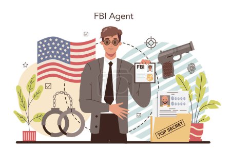 Illustration for FBI agent concept. Police officer or inspector investigating crime. Protection of espionage, cyberattack and terrorist. Isolated flat vector illustration - Royalty Free Image