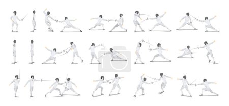 Ilustración de Esgrima se mueve sobre fondo blanco. Atletas en traje blanco con máscara y espada
. - Imagen libre de derechos