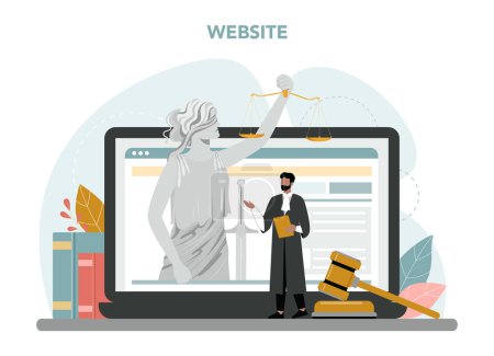Judge online service or platform. Court worker stand for justice and law. Judge in traditional black robe hearing case. Website. Flat vector illustration
