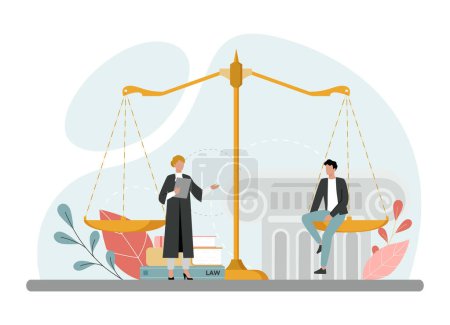 Illustration for Judge concept. Court worker stand for justice and law. Judge in traditional black robe hearing a case and sentencing. Judgement and punishment idea. Isolated flat vector illustration - Royalty Free Image