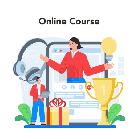 Illustration for Professional consulting online service or platform. Sales strategy recomendation. Help clients with business problem. Online course. Flat vector illustration - Royalty Free Image