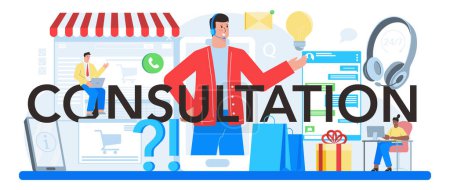 Illustration for Consultation typographic header. Research and recommendation. Sales strategy recomendation and troubleshooting. Help clients with business problems. Flat vector illustration - Royalty Free Image