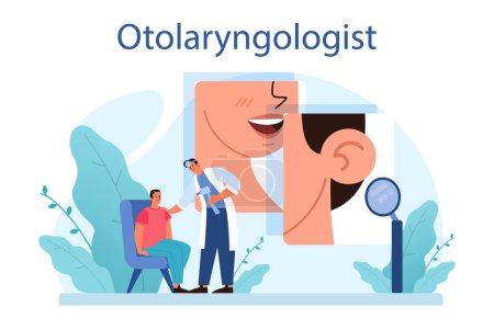 Illustration for Otorhinolaryngologist concept. Healthcare concept, idea of ENT doctor caring about patient health. Otoscopy, nasopharyngoscopy, audiometry. Vector illustration in cartoon style - Royalty Free Image