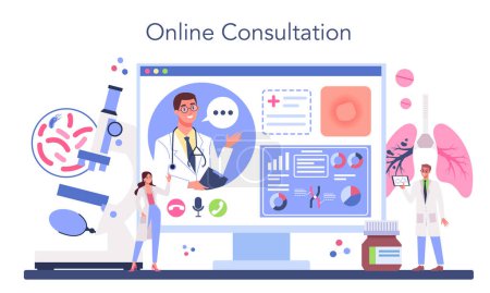 Illustration for Phthisiatrician online service or platform. Doctor standing at big lungs. Tuberculosis test and treatment. Online consultation. Flat vector illustration - Royalty Free Image