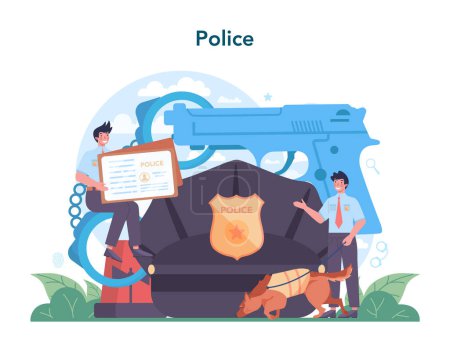 Illustration for Police officer in uniform. Detective making investigation and interrogation. Policeman patrol the city and making apprehensions. 911 service community policing. Isolated flat vector illustration - Royalty Free Image