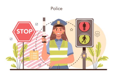 Illustration for Police officer. Detective making interrogation. Policeman patrol the city managing the traffic. 911 service community policing. Isolated flat vector illustration - Royalty Free Image
