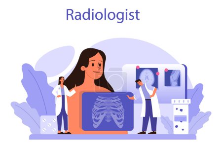 Illustration for Radiologist concept. Doctor examing X-ray image of human body with computed tomography, MRI and ultrasound. Idea of health care and disease diagnosis. Isolated vector illustration in cartoon style - Royalty Free Image