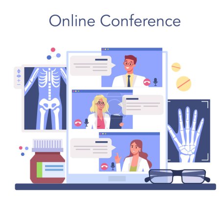 Illustration for Radiologist online service or platform. X-ray, MRI and ultrasound image of human body. Online conference. Isolated flat vector illustration - Royalty Free Image