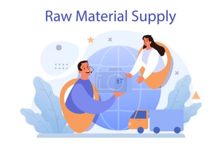 Illustration for Raw material supply concept. Suppliers, B2B idea, global distribution service. Manufacturing process, factory production. Company as a customer, business partnership. Flat vector illustration - Royalty Free Image