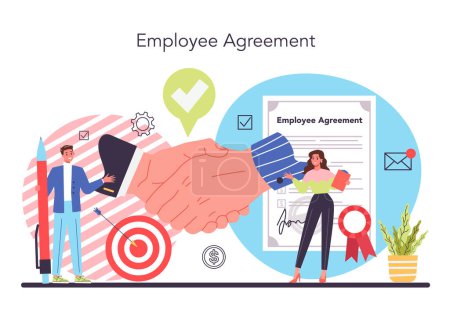 Illustration for Worker responsibilities concept. Personnel management and empolyee adaptation. HR manager providing new empolyee with job instructions and company information. Isolated flat vector illustration - Royalty Free Image