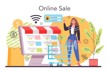 Ilustración de Concepto de venta online. Desarrollo del comercio electrónico. Promoción de ventas y estimulación para beneficio comercial. Ilustración vectorial plana - Imagen libre de derechos