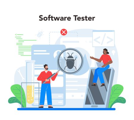 Photo for Software testing concept. Application or website code test process. IT specialist searching for bugs. Idea of computer technology. Digital analysis. Vector illustration in cartoon style - Royalty Free Image