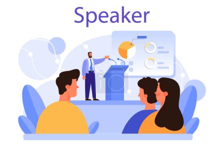 Photo for Professional speaker concept. Rhetoric or elocution specialist speaking to a microphone. Business seminar speaker. Broadcasting or public address. Flat vector illustration - Royalty Free Image