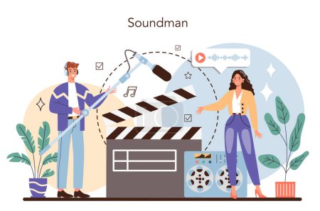 Illustration for Sound engineer concept. Music production industry, sound recording with a studio equipment. Creator of a soundtrack. Vector illustration in cartoon style - Royalty Free Image