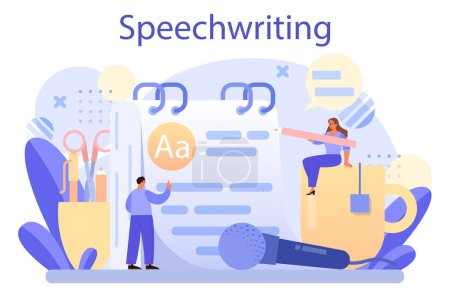 Speechwriting concept. Professional speaker or journalist write a content for a public announcement. Copywriter creating text for media. Modern creative profession. Flat vector illustration