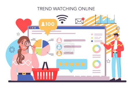 Illustration for Trend watcher online service or platform. Specialist in tracking the emergence of new business trends. Online trend watching. Vector flat illustration - Royalty Free Image