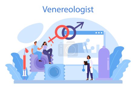 Venereologist concept. Professional diagnostic of dermatology disease, sexually transmitted diseases and infection. Dermatovenerology. Vector illustration in cartoon style