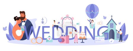 Wedding typographic header. Professional organizer planning wedding event. Bride and fiance mariage coordination. Flat vector illustration