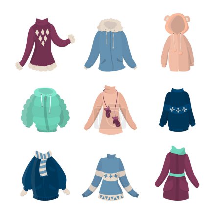 Ilustración de Ropa de invierno. Abrigos y suéteres femeninos sobre fondo blanco
. - Imagen libre de derechos