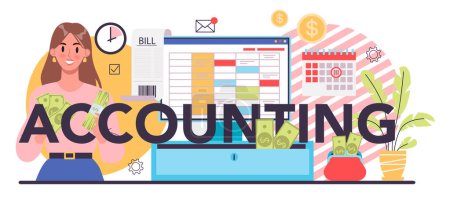 Ilustración de Accounting typographic header. Professional bookkeeper. Tax calculating and financial analysis. Business character making financial operation. Vector illustration - Imagen libre de derechos