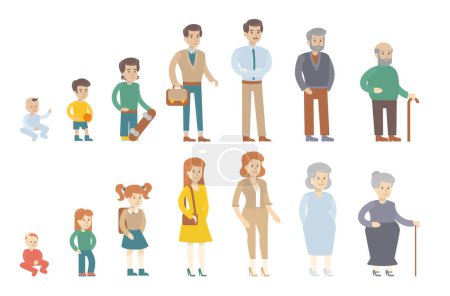 Illustration for Human age evolution on white background. From kid to the old. All stages of maturity. Men and women. - Royalty Free Image