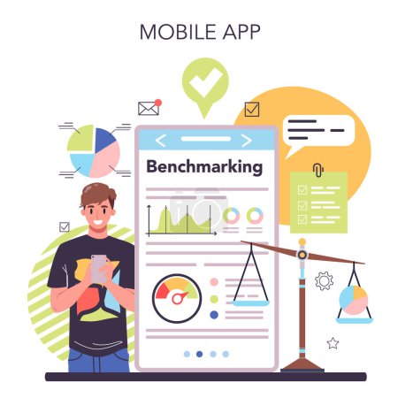 Illustration for Benchmarking online service or platform. Idea of business improvement. Compare quality with competitor companies. Mobile app. Vector illustration - Royalty Free Image