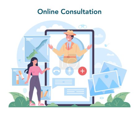 Illustration for Professional detective online service or platform. Agent investigating crime place and looking for clues. Person solving crime. Online consultation. Vector illustration - Royalty Free Image