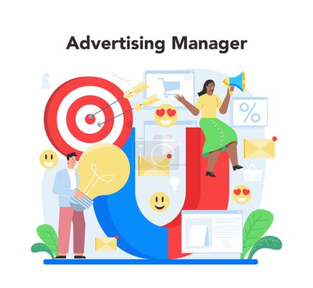 Illustration for Advertising manager concept. Idea of making announcements through mass media to advertise business. Strategy development and customer feedback. Flat vector illustration - Royalty Free Image