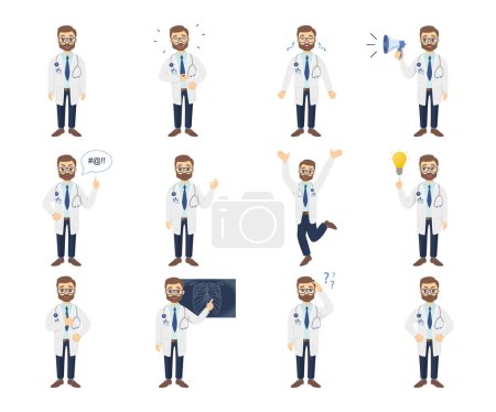 Téléchargez les illustrations : Doctor emoji set on white background. Happiness and anger. - en licence libre de droit