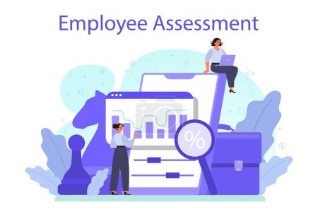 Illustration for Employee assessment concept. Employee evaluation, testing form and report, worker performance review. Staff management, empolyee development. Isolated flat vector illustration - Royalty Free Image
