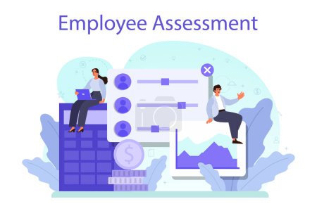 Illustration for Employee assessment concept. Employee evaluation, testing form and report, worker performance review. Staff management, empolyee development. Isolated flat vector illustration - Royalty Free Image